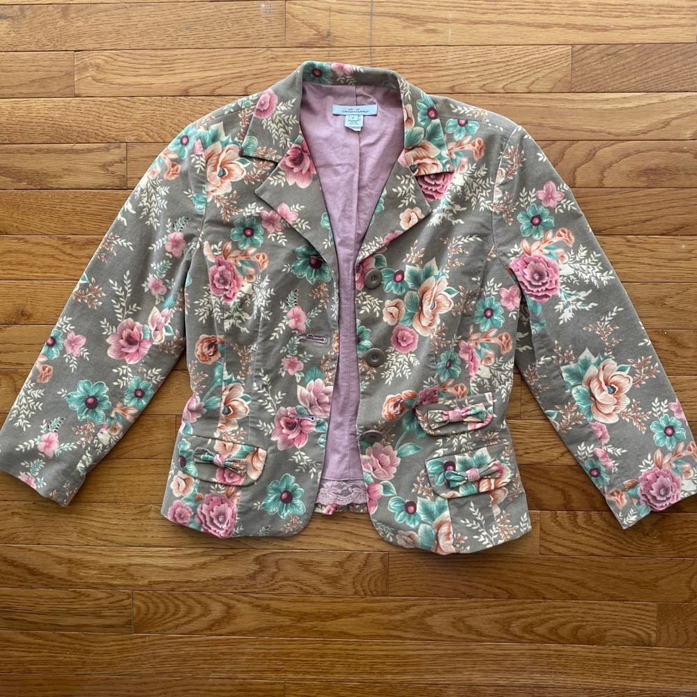 NWT Vintage Y2K Floral Corduroy Blazer Lace Trim Bows Beige 4 XS - Picture 9 of 15
